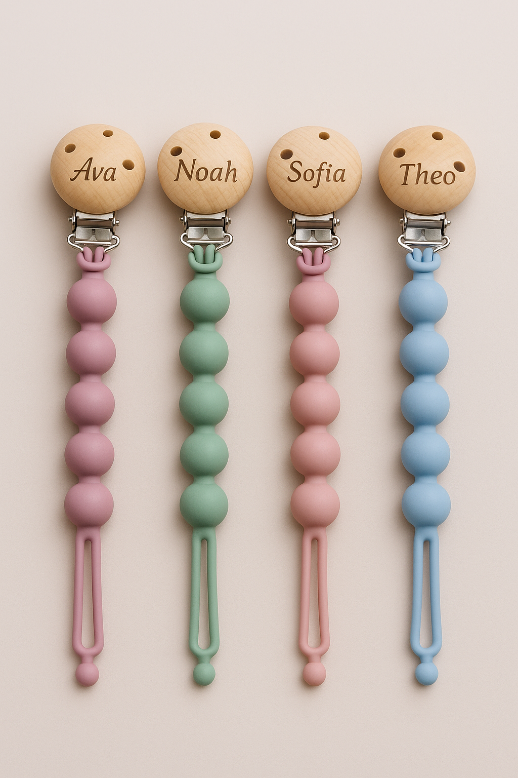 Personalized Pacifier Clip – Silicone & Wood